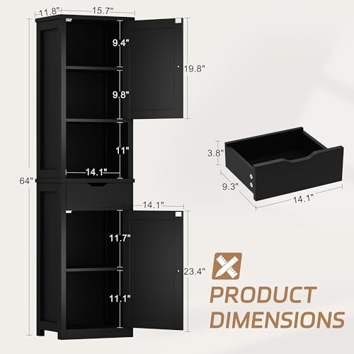 Tall Bathroom Storage Cabinet - Narrow Slim Black Cabinet with Drawers & Shelves - Corner Unit