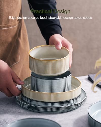 Famiware Star Stoneware Dinnerware Set for 4 - Reactive Glaze Plates & Bowls, Cappuccino & Smoky Blue, 12 Pieces
