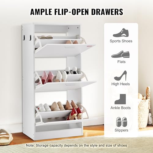 Wooden Shoe Cabinet with 3 Flip Drawers and Side Hooks, 9.33”D x 23.62”W x 47.24”H Entryway Storage Solution