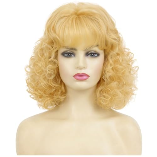 Light Blonde 70s 80s Curly Vintage Wig with Bangs for Women - Short Retro Cosplay & Halloween