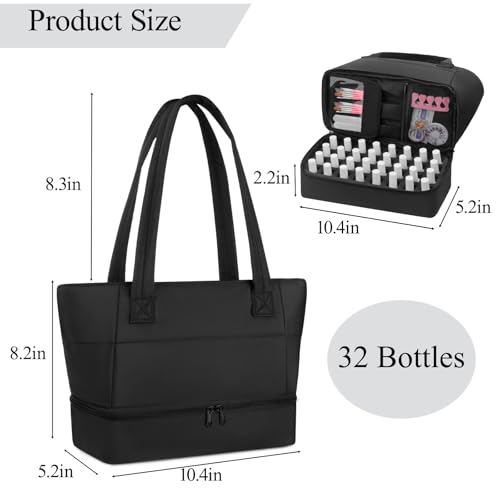 Nail Polish Organizer Holds 32 Bottles Nail Polish & Nail Lamp, Nail Organizers and Storage for Nail Stuff, Double Layer Nail Bag Organizer Case with Portable Handle for Travel