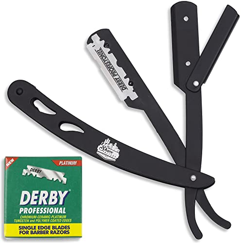 the shave factory Factory¢ç Straight Edge Razor Kit - Single | Stainless Steel razors men from (Black / 100 Derby Professional Blades), 1.0 Count