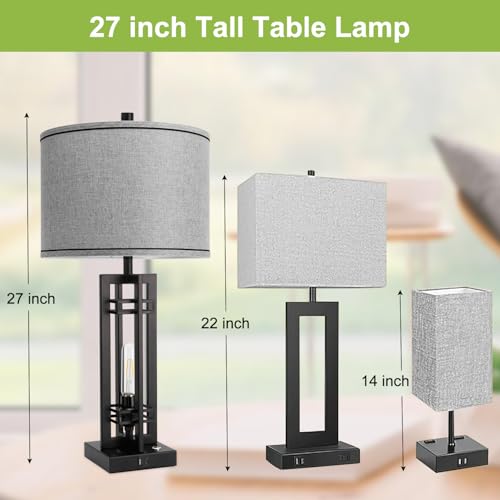 27-Inch Farmhouse Table Lamps Set of 2 with Gray Round Shade - Rustic Touch Control Decor