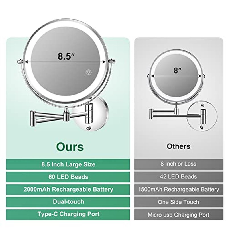 8.5 Inch Rechargeable Wall Mounted Lighted Makeup Mirror, Double-Sided 1X/10X LED Magnifying Vanity Mirror with Lights, 3 Color Lights Touch Screen Dimmable 360¡ÆSwivel 18 Inch Extendable - Chrome