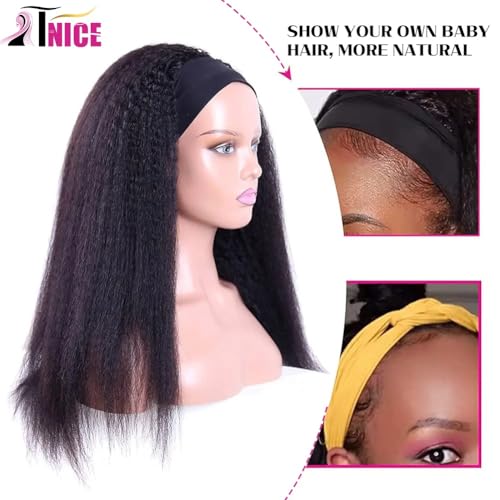 20 Inch Kinky Straight Human Hair Headband Wig for Black Women - Natural Brazilian Virgin Hair, Glueless, Tangle-Free, Styleable