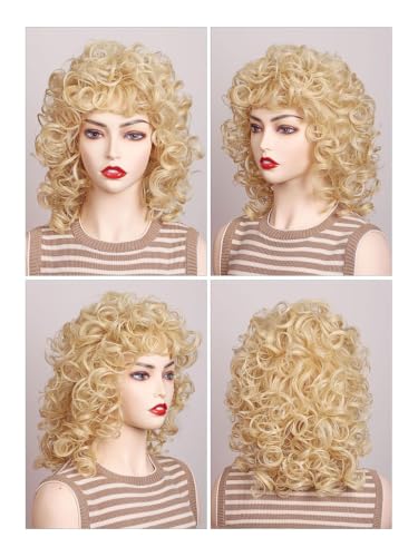 ColorGround Medium Long Curly Blonde 80s Rocker Wig for Women