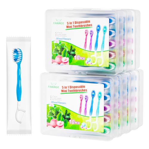 FAWROT 70 Pack 5-in-1 Mini Disposable Travel Toothbrush with Flavors & Tongue Scraper