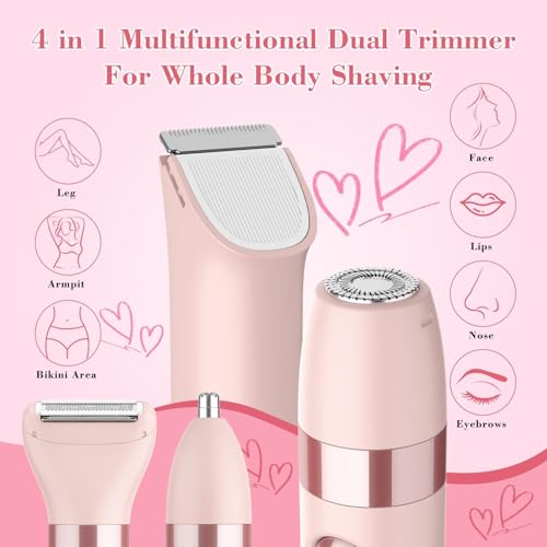 Hatteker 4-in-1 Women's Electric Razor, Dual-Head Body Hair Trimmer for Women, IPX7 Waterproof Rechargeable Bikini Trimmer & Facial Hair Remover for Legs, Armpits, Face, Nose, Eyebrows, Pink