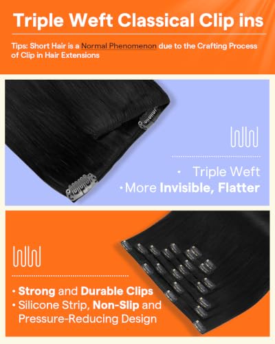 Full Shine Clip-In Human Hair Extensions - Jet Black, 22 Inch, 7pcs, 120g