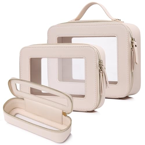 Travel Makeup Set Waterproof Transparent Cosmetic Bag and Toiletry Bag Makeup Brush case with Zipper Car Essentials for Women (Beige, L+M+SLIM)