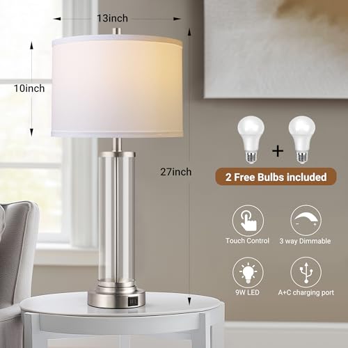 Glass Table Lamps Set of 2 - Modern Silver Dimmable Bedside Lamps with USB Ports