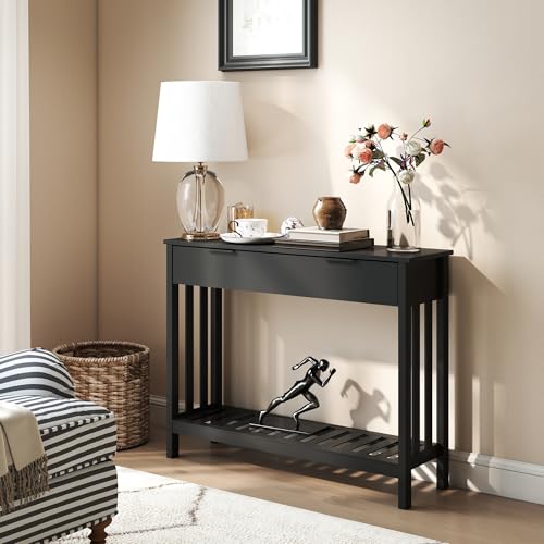 Black Narrow Console Table with Storage - Modern Entryway Sofa Table