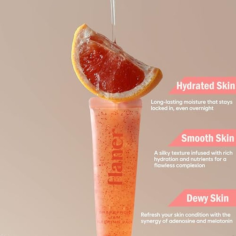 flaner Grapefruit Jam Sleeping Mask ? Revitalizing Overnight Face Mask, Vitamin C, Melatonin, Adenosine, Night Deep Hydration Care, Natural Ingredients, Korean Skin Care, 2.02 fl. oz.