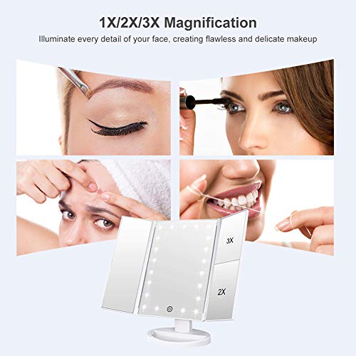 White Makeup Mirror with 21 LED Lights, 2X & 3X Magnification, Touch Control, Tri-Fold, Portable
