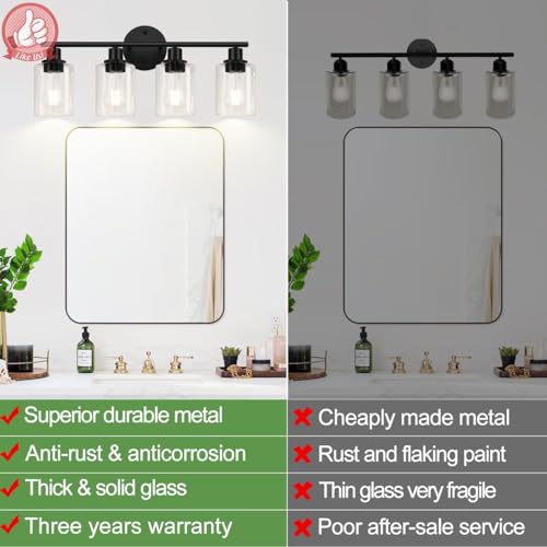 Matte Black 4-Light Bathroom Vanity Light Fixture with Clear Glass Shades – Reversible Mounting