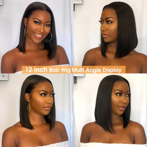 12 Inch Natural Black Human Hair Bob Wig with 13x4 HD Lace Frontal - Glueless, Pre-Plucked, 150% Density