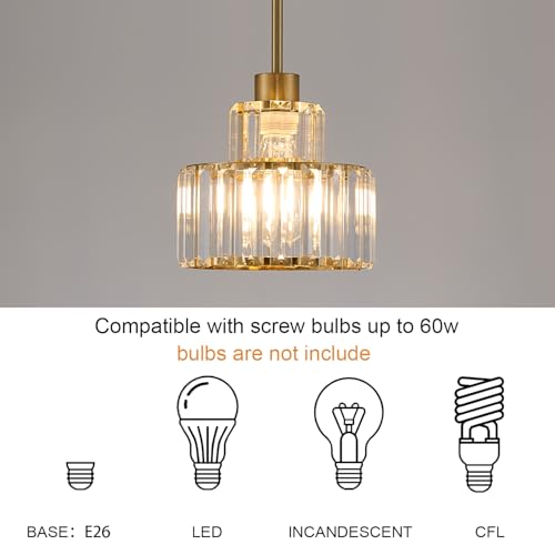 Gold Clear Pendant Lights 2 Pack - Adjustable Brass Modern Kitchen Island Fixtures