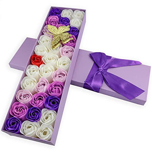 JIALEEY 33 PCS Floral Scented Bath Soap Rose Flower Petals, Plant Essential Oil Rose Soap Set Gifts Ideas for Her Women Girls Mom Valentine's Day, Purple Gift Box