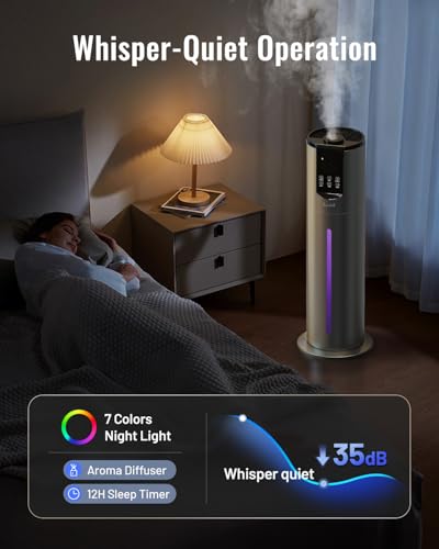 Large 8L Humidifier for Bedroom & Large Rooms, Grey - Leak-Proof Top Fill, 40H Run, Essential Oil Tray
