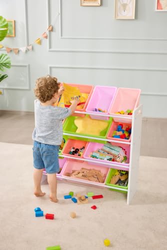 Kids Toy Storage Organizer with 12 Plastic Bins - White Wood with Pink Bins, 33.85 x 12.79 x 35.42 Inches - Variation: White Wood with Pink Bins