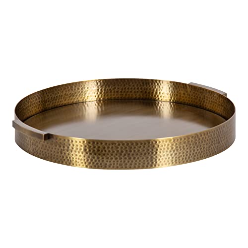 Gold 17-Inch Round Decorative Metal Tray with Hammered Surface - Modern Glam