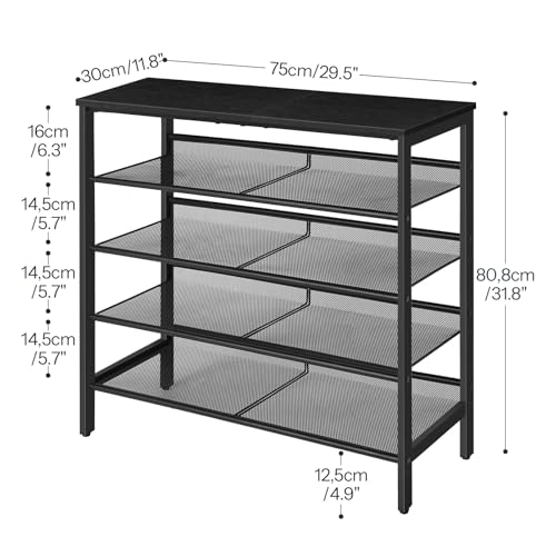 Black 5-Tier Shoe Rack Organizer with Adjustable Mesh Shelves - Entryway Storage