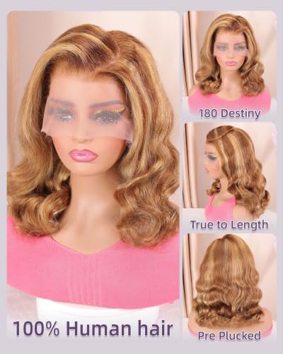 14 Inch Highlight Ombre Bob Wig Human Hair 13x6 HD Lace Front Body Wave Glueless
