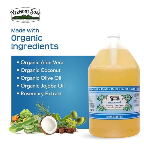 VERMONT SOAP Organics Foaming Hand Soap, Liquid Soap with Pre-diluted Formula - Ready to Use Simply Unscented Hand Soap With Convenient and Economical Gallon Refill Size