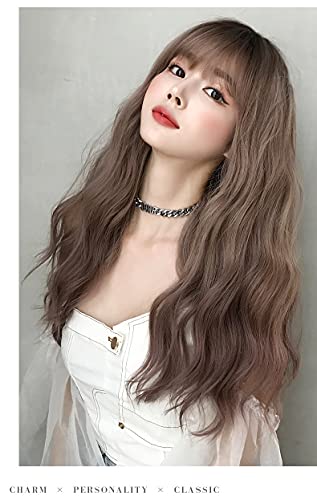 AIKO PRO Gray Pink Long Curly Wavy Wig with Bangs, 23-inch Synthetic Hair for Cosplay & Daily Wear