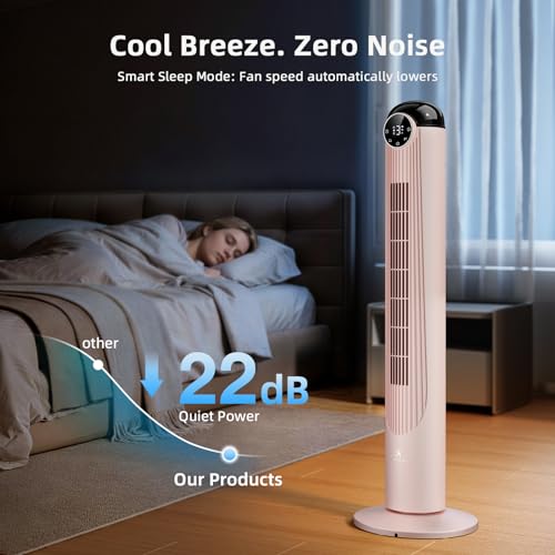 Pink 42 Inch Tower Fan with Remote, 6 Speeds & 4 Modes - Quiet Oscillating Bladeless Fan
