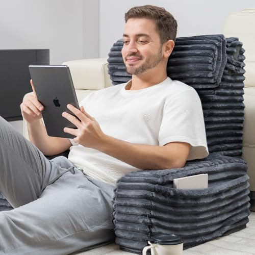 XXL Bed Sitting Pillow with Armrests & Large Pockets - Dark Grey