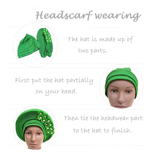 African Turban Gele Headwrap Handmade Party Hat - Green, One Size