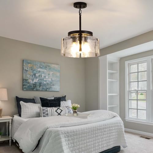 3 Light Black Modern Farmhouse Chandelier Pendant for Dining Room, Adjustable Glass Shade