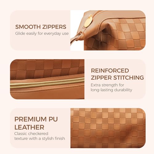 Large Waterproof Makeup Bag for Women with Double Layer & Brush Compartment - Brown