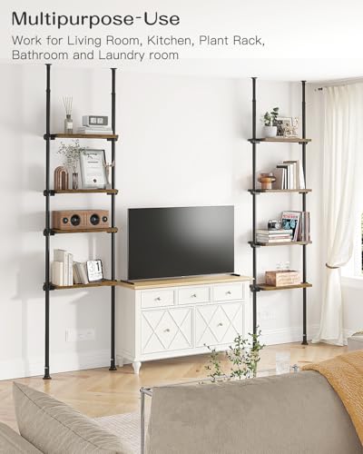 Tall Narrow Tension Mount Bookshelf - Rustic Brown 4-Tier for Small Spaces