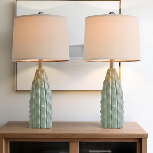 Ceramic Table Lamps Set of 2 - 23.75 Inch Modern Farmhouse Bedside Lamps - Green Nightstand and Desk Lighting - Variation B 23.75-Inch Green 2 Pack