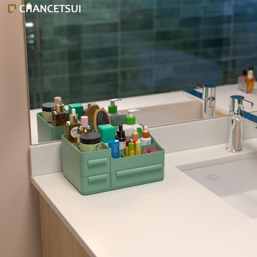 Green Makeup Organizer with Drawers and Brush Holders for Vanity