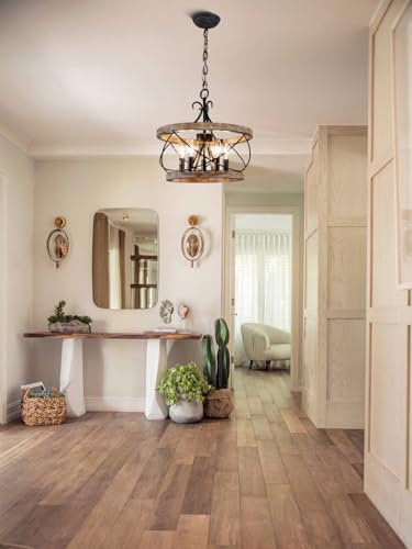 Farmhouse Wood Chandelier Light Fixture - 16 Inch Dining Room Pendant with 5 Bulb Holders - Wood-2