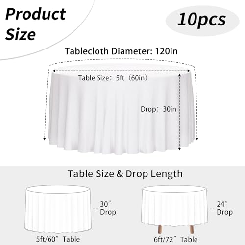 Round White Tablecloth 120 Inch - 10 Pack Polyester Cover for Events