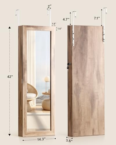 Nicetree 6 LEDs Jewelry Armoire Wall Mirror - Oak, Lockable & Space-Saving