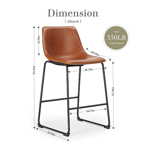 Counter Height Bar Stools Set of 2 - Warm Brown Faux Leather & Metal