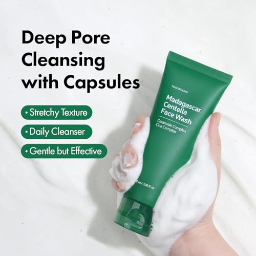 TOSOWOONG Madagascar Centella Face Wash, Mochi Whip with Capsules for Blackheads, Clogged Pores, Excess Sebum, Troubled Skin, Calming with 9 Cica Complex, Korean Skincare, 100 ml / 3.38 fl. oz.