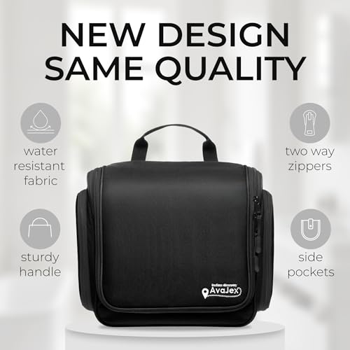AvaJex Large Waterproof Travel Toiletry Bag Black - 15 Compartments, Hanging Organizer