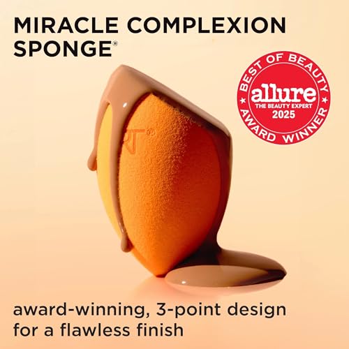 Real Techniques Miracle Complexion Sponge + Travel Case, Makeup Blending Sponge, For Foundation, Sponge Case for Travel, Light To Medium Coverage, Natural, Dewy Makeup, Latex-Free Foam, 2 Piece Set