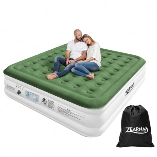Green King Size Air Mattress with Built-in Pump, 18-Inch Raised, Flocked Top, Portable for Home & Guests
