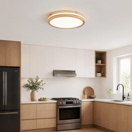 Dimmable LED Wood Flush Mount Ceiling Light 15.74in - Modern Round Fixture for Bedroom Kitchen Hallway