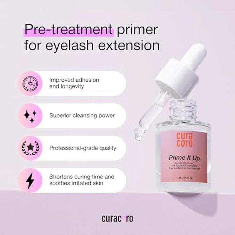 Curacoro Eyelash Extension Primer 15 ML - Increase Adhesive Bonding Power | Easily Removes Proteins and Oils/Oil Free/Longer Extension Retention (Prime It Up)