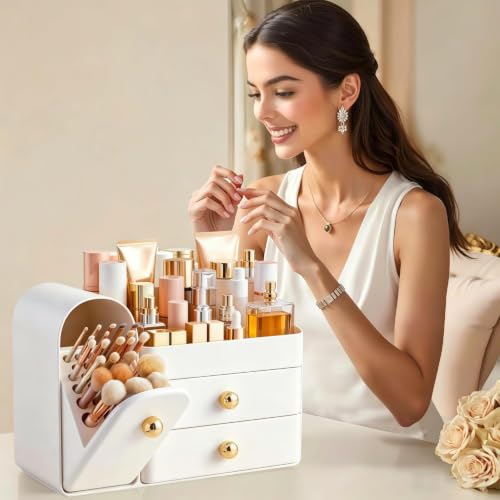 HBlife All White Large Makeup Organizer with Drawers & Brush Holder