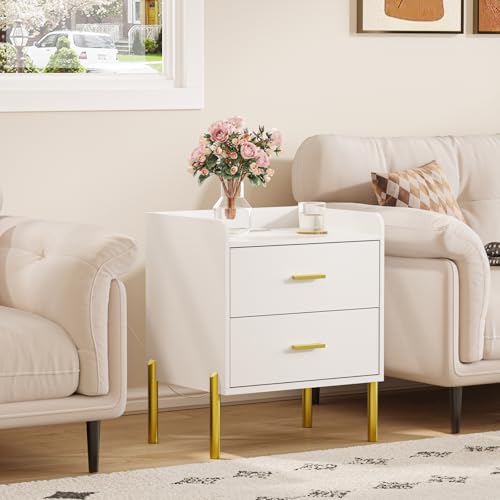 Vabches Nightstand with Built-in Charging Station - White with Gold Handles