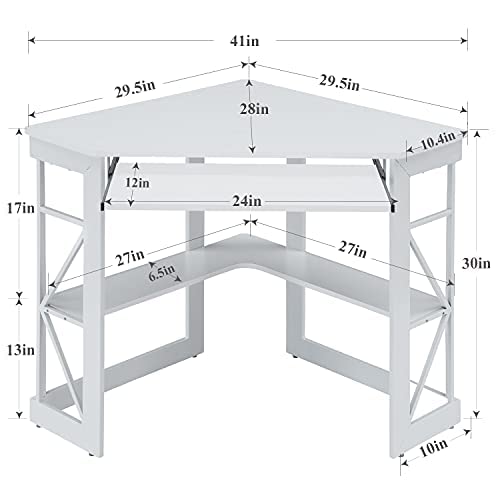 White Corner Desk with Keyboard Tray & Storage Shelves - Compact Triangle Office Table